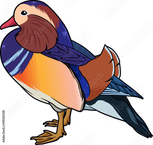 Bunte Mandarinente in seitlicher Ansicht – auffälliger Wasservogel mit prächtigem Federkleid.
