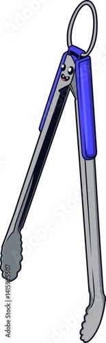 Lächelnde Grillzange aus Metall mit Griff in Blau, praktische Küchenhilfe im Cartoon-Stil.
