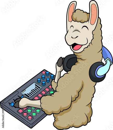 Lachendes Lama mit Kopfhörern und Audio-Konsole, voller Freude im Studio.
