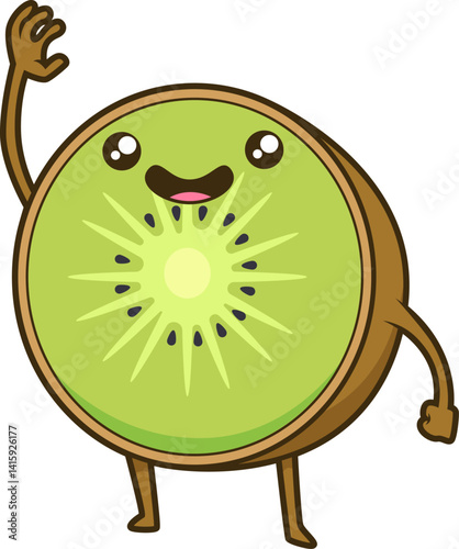 Lächelnde Kiwi in Scheibenform hebt eine Hand, frischer Look mit Energie.
