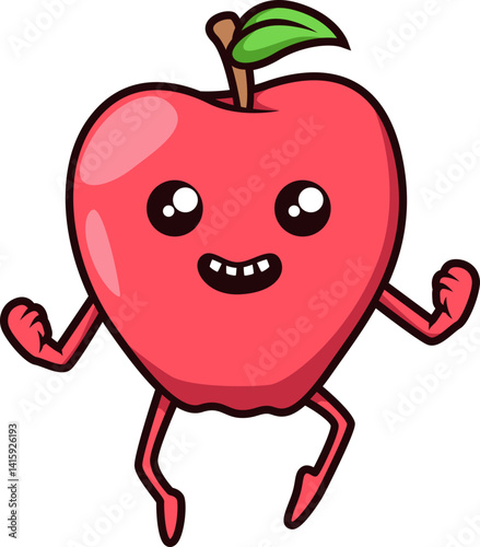 Strahlender Apfel mit erhobenen Armen, freudiger Gesichtsausdruck und runde Form.
