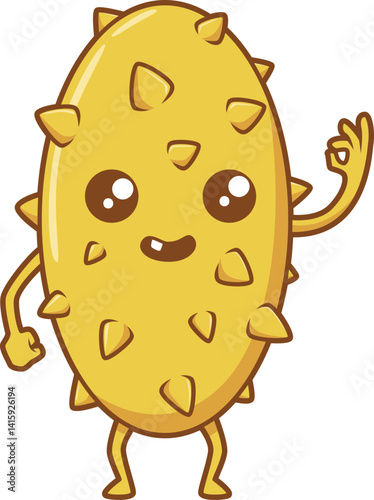 Fröhliche Kiwano in Gelb mit kleinen Stacheln, hebt Hand zum Zeichen, tropischer Charakter.
