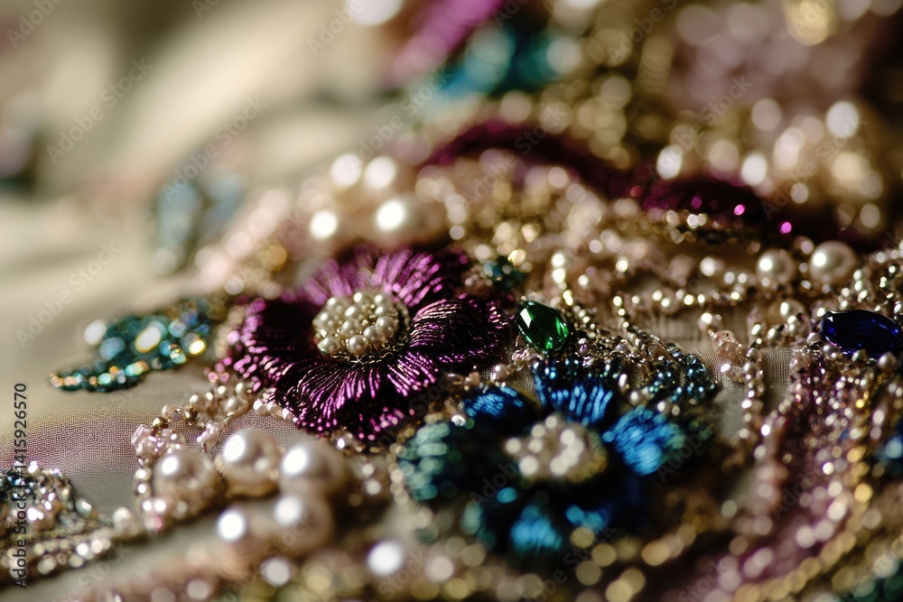 Close-up of ornate embroidered fabric adorned with pearls, beads, and gemstones, showcasing intricate craftsmanship and luxurious detail. Close-up of ornate embroidered fabric adorned with pearls, beads, and gemstones, showcasing intricate craftsmanship and luxurious detail.