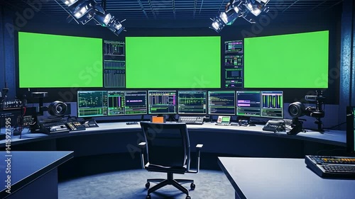 Professional broadcast studio backdrop with green screen monitors and equipment