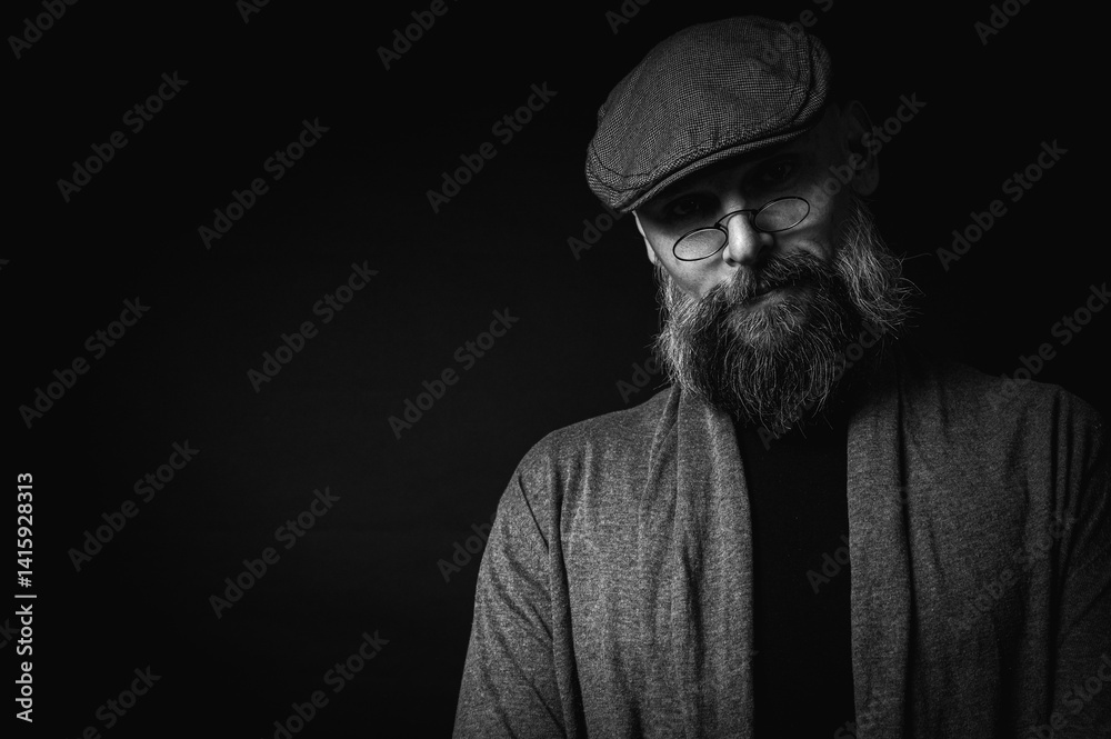 Black and white, Macro portrait of a serious bearded man in a cap and glasses on a black background. Stylish, intense look with a confident and mysterious expression, piercing gaze