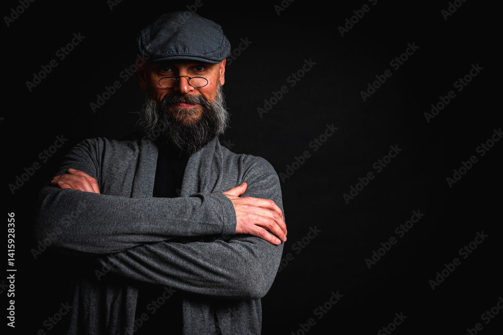 emotional, macro portrait of a serious bearded man in a cap and glasses on a black background. Stylish, intense look with a confident and mysterious expression, emotions place for inscription on a bil