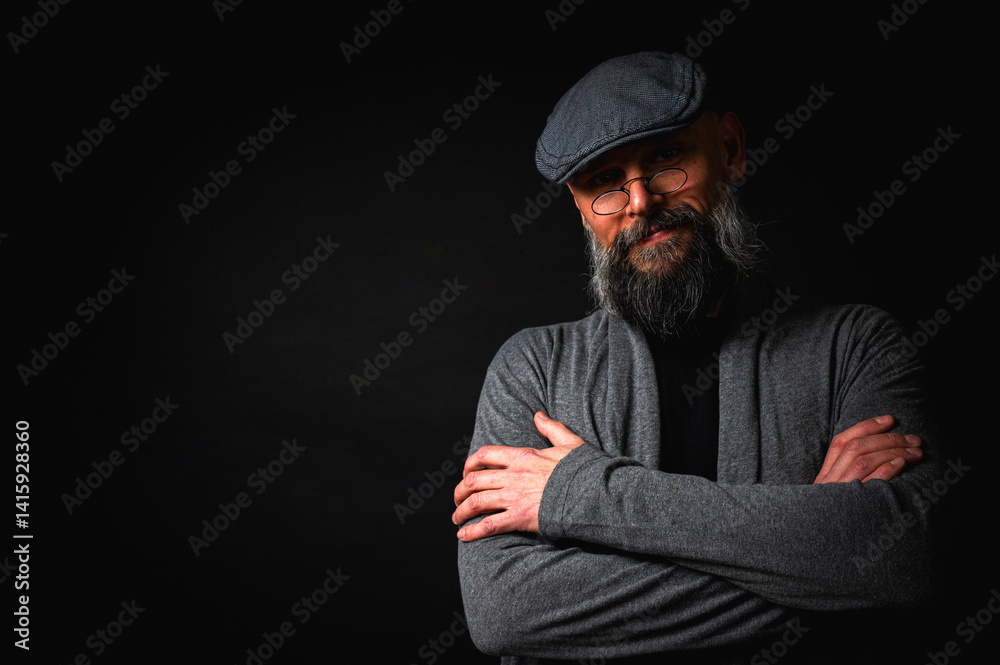 emotional, macro portrait of a serious bearded man in a cap and glasses on a black background. Stylish, intense look with a confident and mysterious expression, emotions place for inscription on a bil