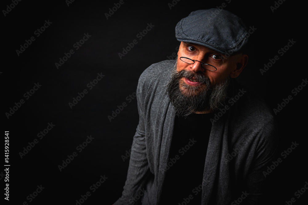 emotional, macro portrait of a serious bearded man in a cap and glasses on a black background. Stylish, intense look with a confident and mysterious expression, emotions place for inscription on a bil