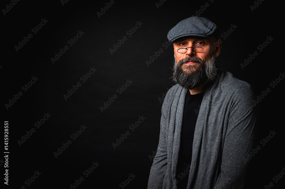 Close-up portrait of a serious bearded man in flat cap and glasses on black background. Stylish, intense look with confident and mysterious expression