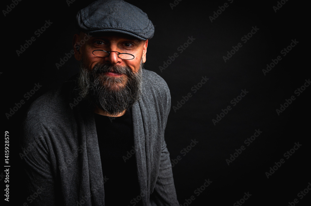 emotional, macro portrait of a serious bearded man in a cap and glasses on a black background. Stylish, intense look with a confident and mysterious expression, emotions place for inscription on a bil