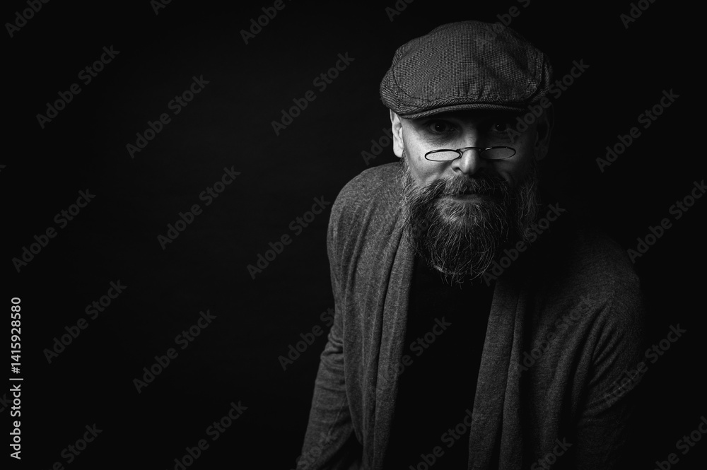 Black and white, Macro portrait of a serious bearded man in a cap and glasses on a black background. Stylish, intense look with a confident and mysterious expression, piercing gaze