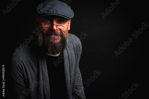 Obraz na płótnie emotional, macro portrait of a serious bearded man in a cap and glasses on a black background. Stylish, intense look with a confident and mysterious expression, emotions place for inscription on a bil w salonie