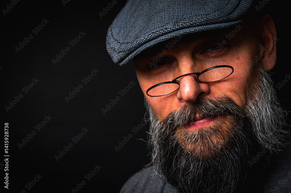 Close-up portrait of a serious bearded man in flat cap and glasses on black background. Stylish, intense look with confident and mysterious expression