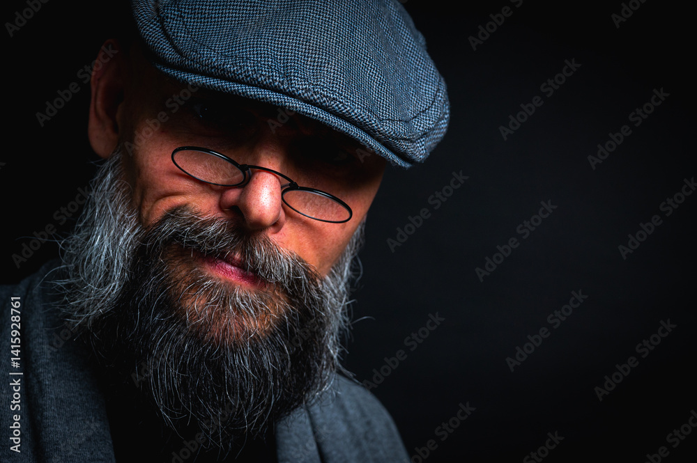 Close-up portrait of a serious bearded man in flat cap and glasses on black background. Stylish, intense look with confident and mysterious expression