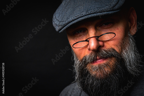 Obraz na płótnie Close-up portrait of a serious bearded man in flat cap and glasses on black background. Stylish, intense look with confident and mysterious expression w salonie