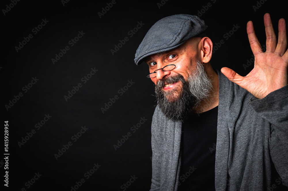 Elderly bearded man in cap and glasses shows a finger up gesture, expressing sarcasm or rebellion. Studio portrait on black background