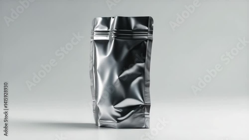 Silver foil blank metallic sachet bag isolated on a white background. Packaging template mockup.