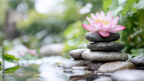 Water lily and balanced stones serenity and tranquility in nature