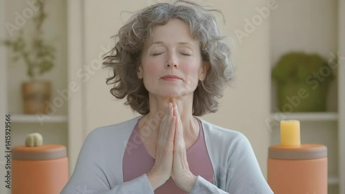 Woman over 50 years old do face yoga in mindfulness meditation with closed eyes and hands pressed together. The serene indoor setting features warm colors and calming decor, relaxation and peace.