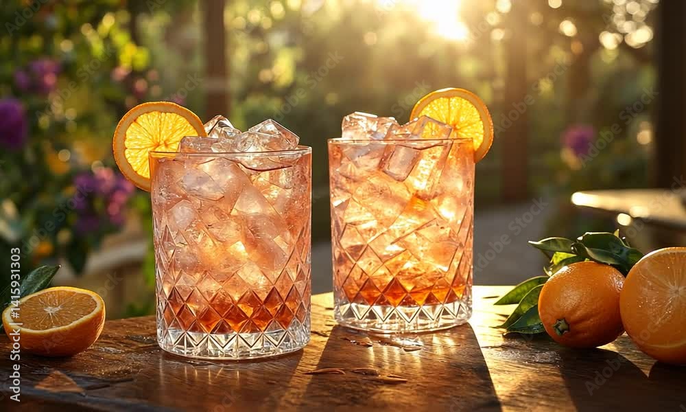 Two refreshing cocktails with ice and orange slices on a wooden table, sunlit garden background