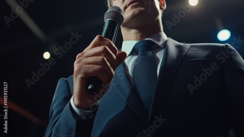 A closeup shot captures a politician with a focused expression holding a microphone and leaning slightly forward as they respond to a challenging question from the press. The intricate