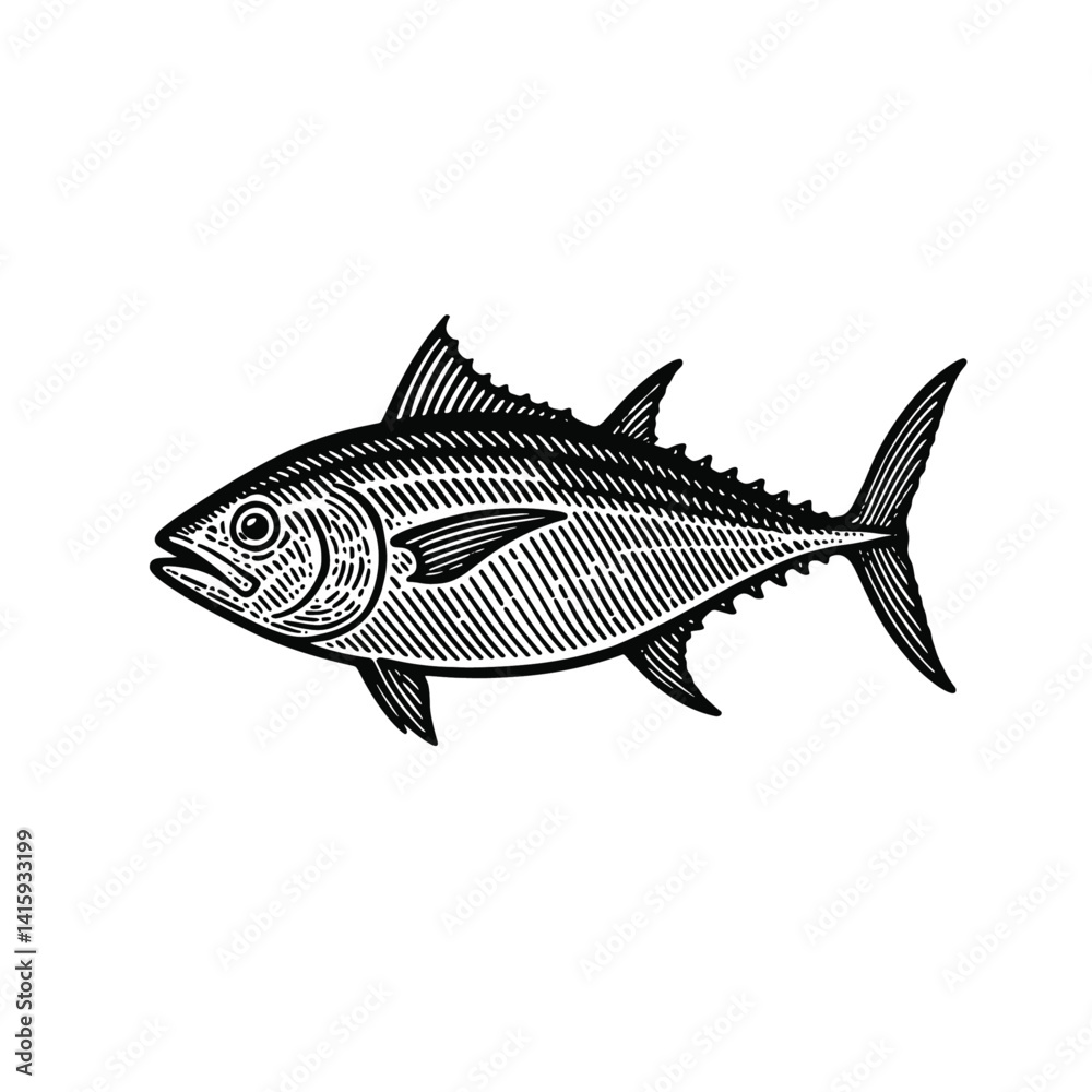Fototapeta premium 4252. Engraved Tuna Fish Illustration - Black and White Line Art. drawn in an engraved, woodcut style with fine details sketch engraving vector illustration. Scratch board imitation. Black and white i