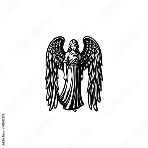 Vintage Angel Illustration - Black and White Line Art, drawn in an engraved, woodcut style with fine details sketch engraving vector illustration. Scratch board imitation. Black and white image