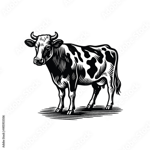 Vintage Cow Illustration - Black and White Line Art, drawn in an engraved, woodcut style with fine details sketch engraving vector illustration. Scratch board imitation. Black and white image