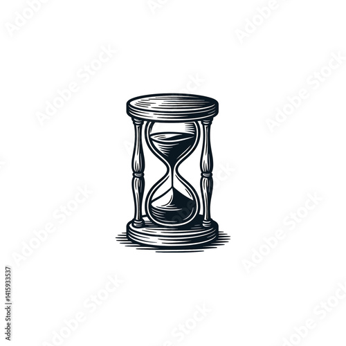 Vintage Hourglass Illustration - Black and White Line Art, drawn in an engraved, woodcut style with fine details sketch engraving vector illustration. Scratch board imitation. Black and white image
