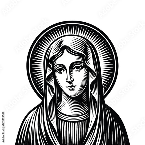 Virgin Mary Illustration - Black and White Line Art, drawn in an engraved, woodcut style with fine details sketch engraving vector illustration. Scratch board imitation. Black and white image