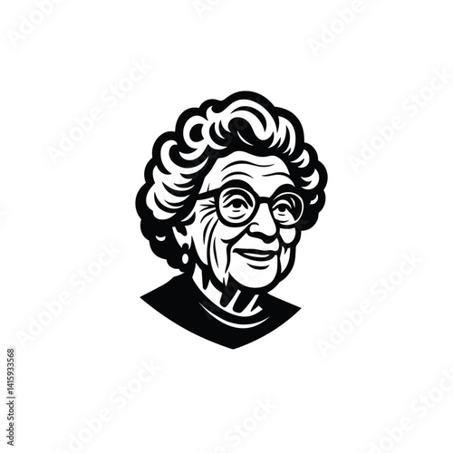 Portrait of a Smiling Elderly Woman - Black and White Line Art, drawn in an engraved, woodcut style with fine details sketch engraving vector illustration. Scratch board imitation. Black and white
