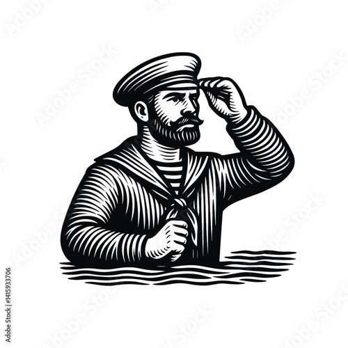 Sailor Saluting - Black and White Nautical Line Art, drawn in an engraved, woodcut style with fine details sketch engraving vector illustration. Scratch board imitation. Black and white image