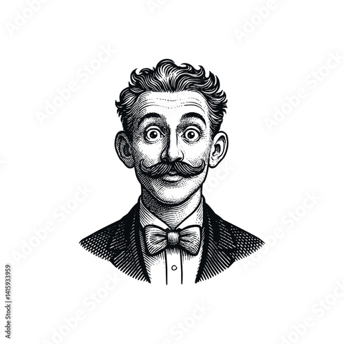 Vintage Illustration of a Man with Bowtie and Mustache, drawn in an engraved, woodcut style with fine details sketch engraving vector illustration. Scratch board imitation. Black and white image. 