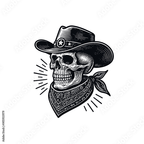 Skull Cowboy with Bandana and Hat, drawn in an engraved, woodcut style with fine details sketch engraving vector illustration. Scratch board imitation. Black and white image