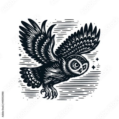 Hand-Drawn Illustration of Flying Owl, drawn in an engraved, woodcut style with fine details sketch engraving vector illustration. Scratch board imitation. Black and white image