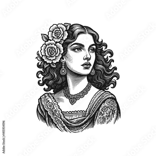 Vintage Illustration of a Woman with Roses in Her Hair and Elegant Jewelry, drawn in an engraved, woodcut style with fine details sketch engraving vector illustration. Scratch board imitation. 