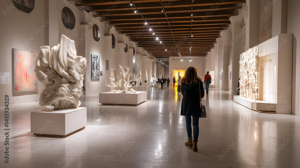 Fototapeta premium Exploring a spacious art gallery featuring white sculptures and modern art, a visitor strolls through the light-filled hall admiring artwork.