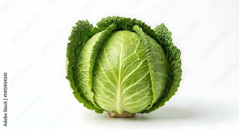 Fototapeta premium A crisp, vibrant savoy cabbage isolated on a bright white background, in a studio shot.