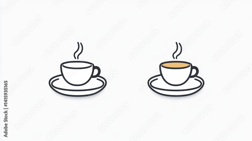 Two simple coffee cups, one with, one without, liquid, for graphic design Two simple coffee cups, one with, one without, liquid, for graphic design
