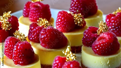 Delicious,mini,cheesecakes,decorated,raspberries,golden,accents,arranged,beautifully,white,platter