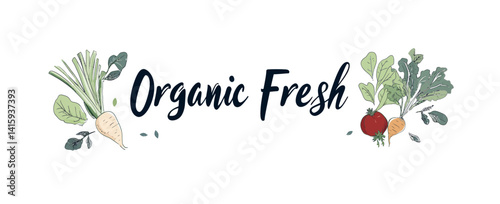 The design features a modern illustration of tomatoes and cucumbers, with organic fresh vegetables lettering, all rendered in a single continuous line, suitable for application on web banners,