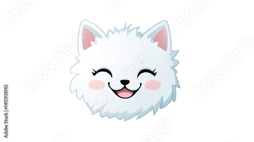 Cartoon cat face is smiling with closed eyes and pink cheeks on a black background.