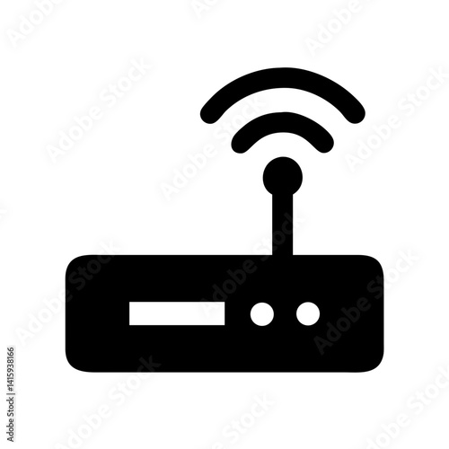 A black outline icon of a wireless network router with Wi-Fi signals, symbolizing internet connectivity, networking, and wireless communication.