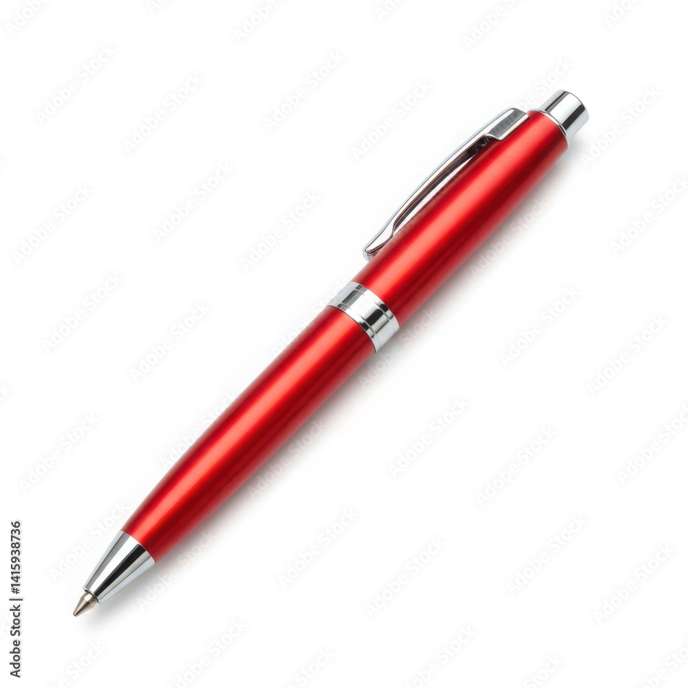 A shiny red pen with silver accents laying on a bright surface isolated on white background A shiny red pen with silver accents laying on a bright surface isolated on white background