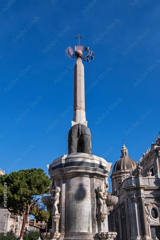 The Elephant Fountain (Fontana dell'Elefante, 1736) is a monument located in the center of Piazza del Duomo, symbol of the town. Catania, Sicily, Italy.