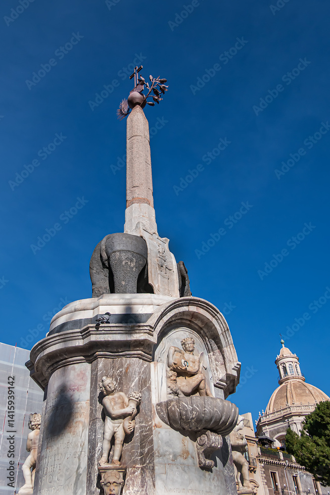 The Elephant Fountain (Fontana dell'Elefante, 1736) is a monument located in the center of Piazza del Duomo, symbol of the town. Catania, Sicily, Italy.