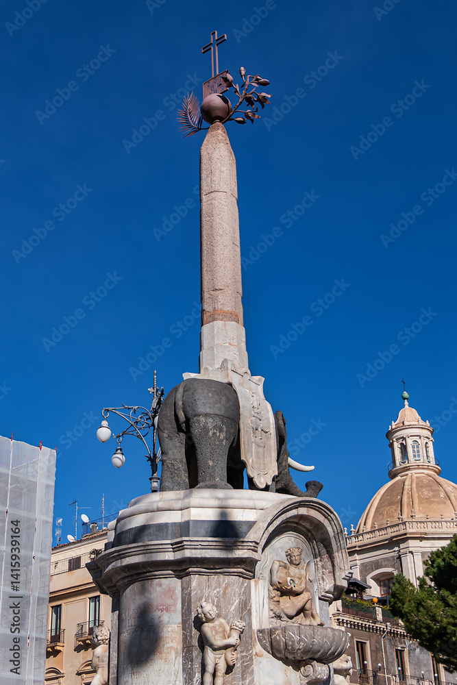 The Elephant Fountain (Fontana dell'Elefante, 1736) is a monument located in the center of Piazza del Duomo, symbol of the town. Catania, Sicily, Italy.