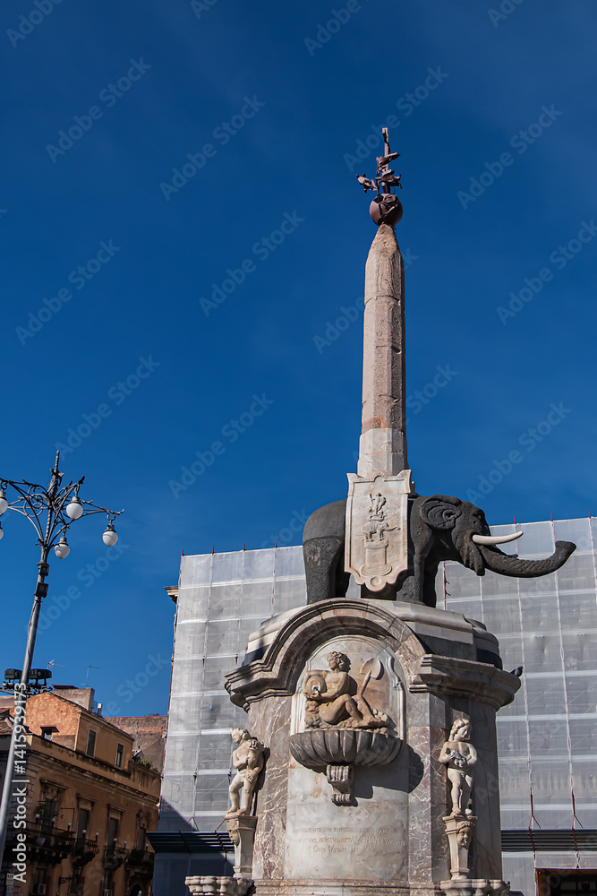The Elephant Fountain (Fontana dell'Elefante, 1736) is a monument located in the center of Piazza del Duomo, symbol of the town. Catania, Sicily, Italy.