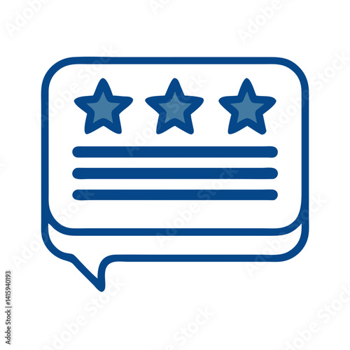 Customer review icon featuring three blue stars and horizontal lines in a speech bubble, feedback and evaluation concept