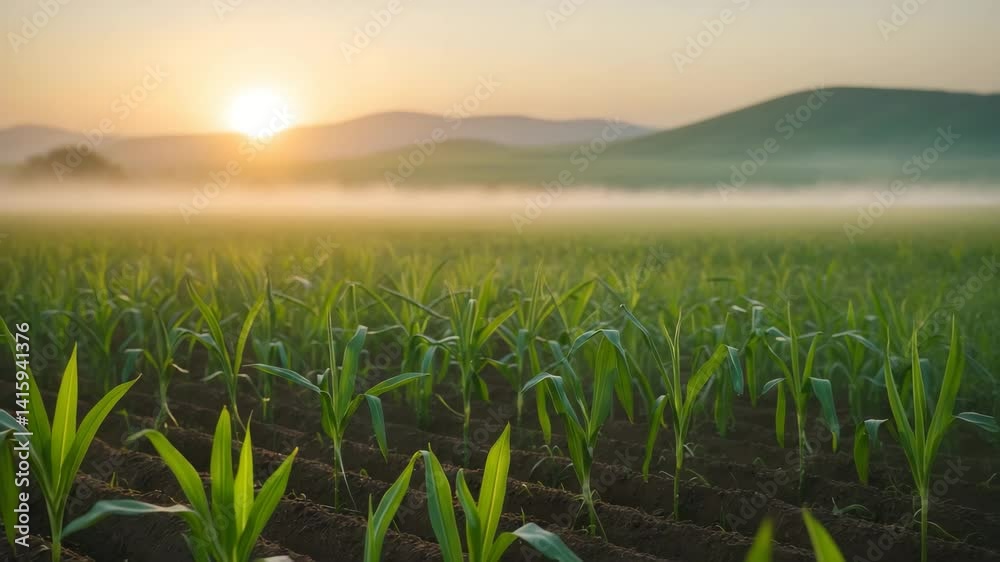 MAIZE SEEDLINGS. The sun rises over a seedling field amid drought conditions. The young plants show early signs of stress and will wilt without timely rain.